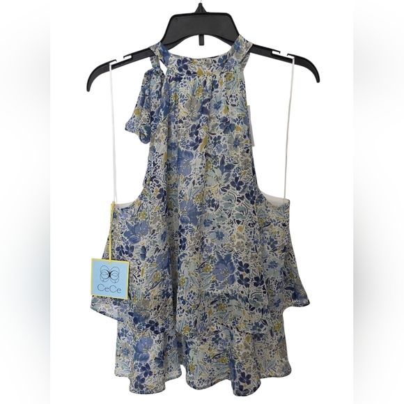 Cece Halter Top Blouse Blue Flowers Size Large - Picture 2 of 4